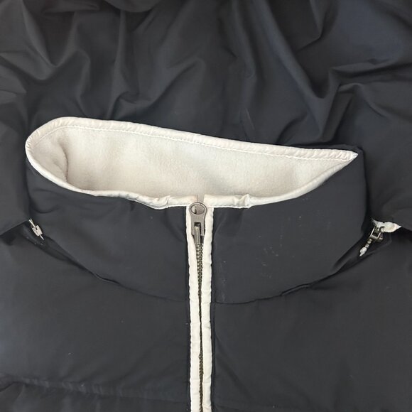 Ann Taylor Loft Black Quilted Down Puffer Vest Size Large Fleece Lined Fur Hood - Picture 6 of 13